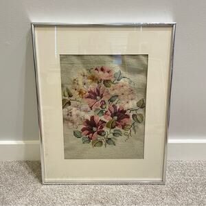 Vintage | Floral Sunflowers Framed Needlepoint Crewel Embroidered Handmade Art
